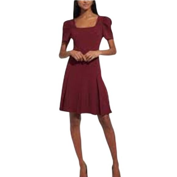 Karl Lagerfeld Crepe Square Neck Short Sleeve Pleated Mini Dress Maroon 10 NWT - Picture 1 of 13
